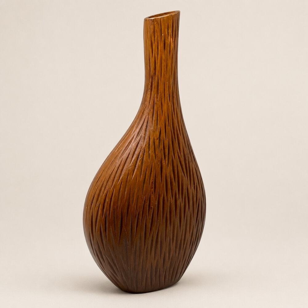 Vintage 1980s Carved Wood Vase Sculptural Boho Organic Feathered Flame